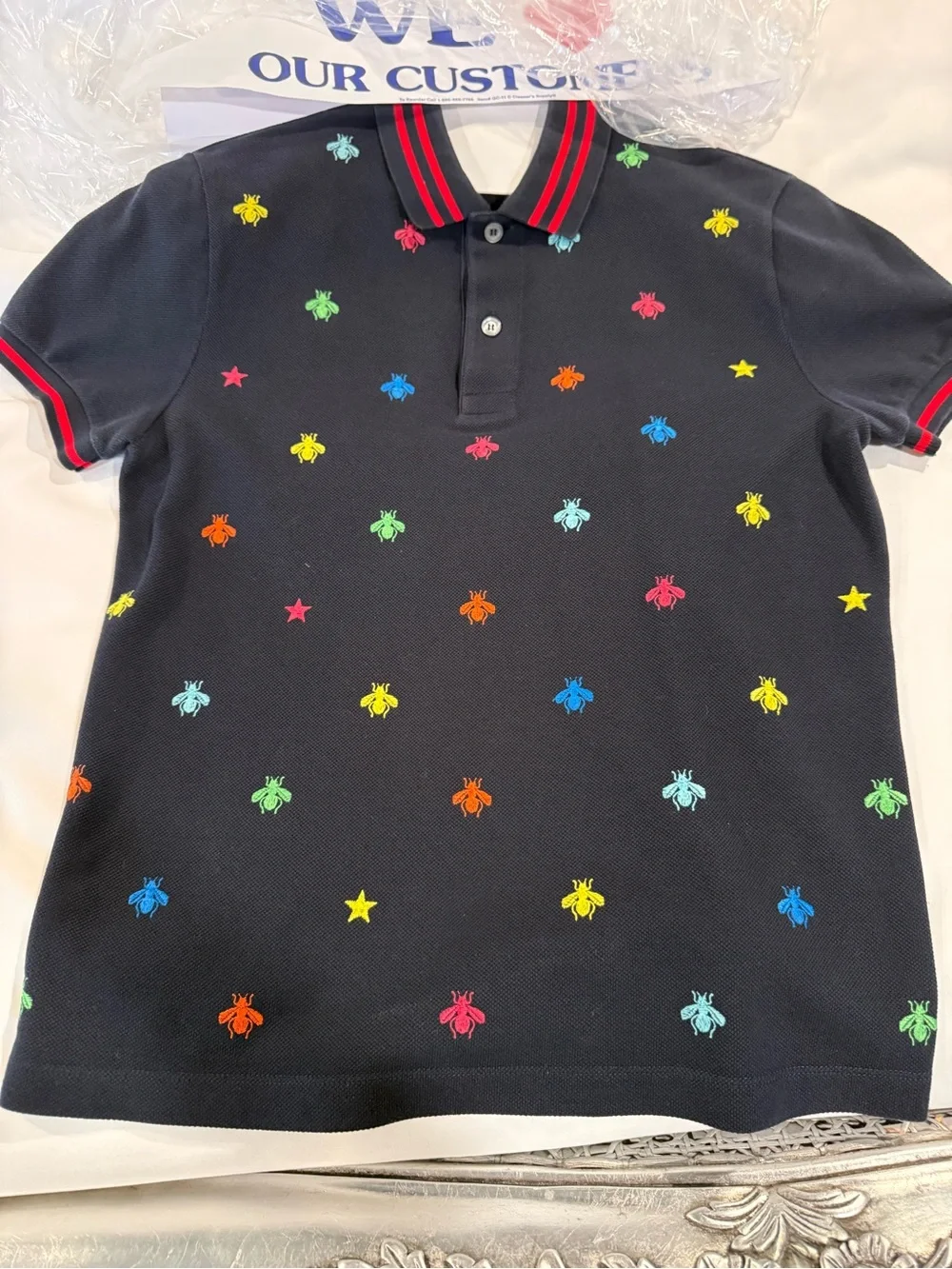 Gucci Navy Multicolor Bee Embroidered Cotton Polo Shirt Small Made in Italy